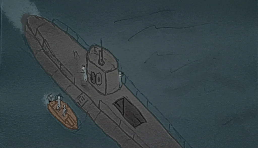 A submarine on the surface, next to a wooden dinghy.