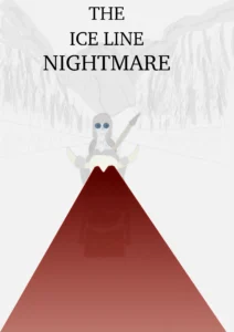A motorbike whose front is a cow skull comes head-on towards the viewer, through a foggy, snowy valley. The skull's eyes glow red, acting as headlights. The rider has glowing blue eyes and wears a spear and shield over their back.